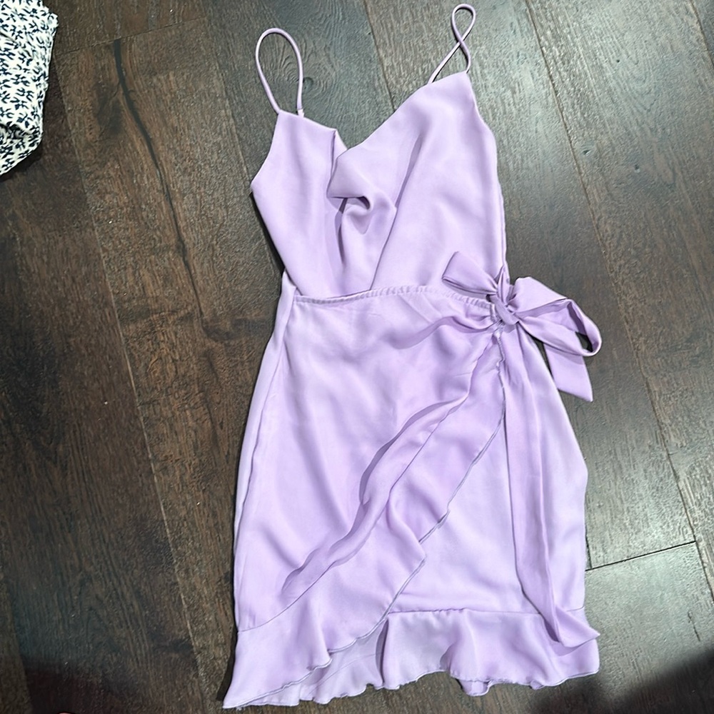 Light Purple Ruffle Cowl Neck Lucy in the Sky Formal Mini Dress